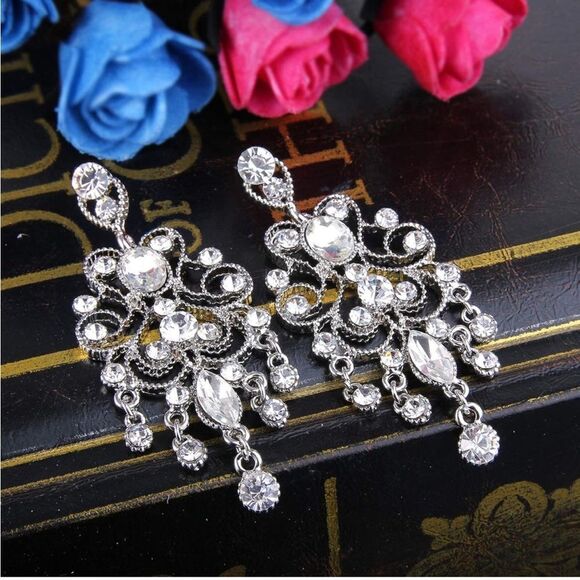 Silver with White Diamond Austrian Crystal Banquet Chandelier Post Back Earrings - Picture 2 of 5